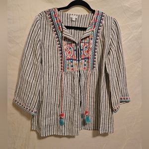 J Jill 100% Linen Top, Size S. Vibrant Embroidery on front, back & sleeves.